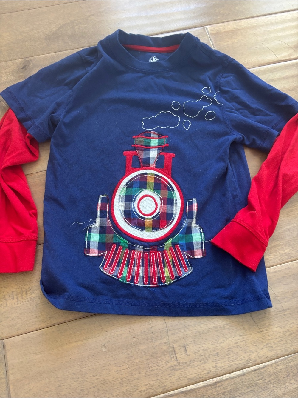 J. Khaki Navy Long Sleeve Tee with Red Sleeves and Plaid Train Applique